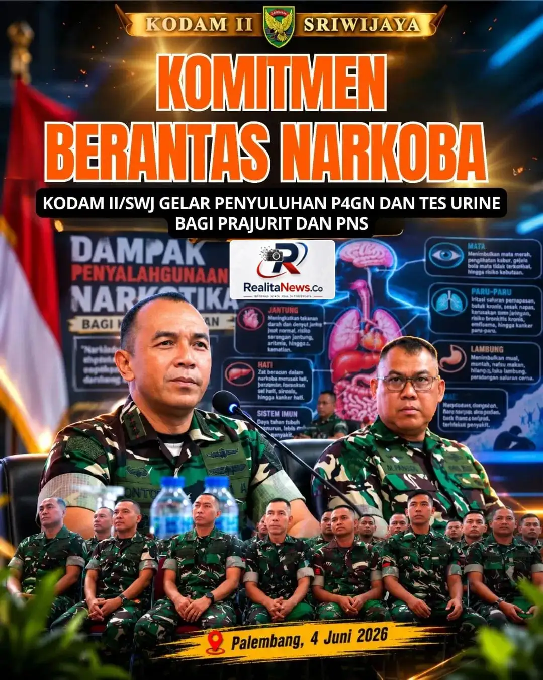 Komitmen Berantas Narkoba, Kodam II/Swj Gelar Penyuluhan P4GN dan Tes Urine Bagi Prajurit dan PNS