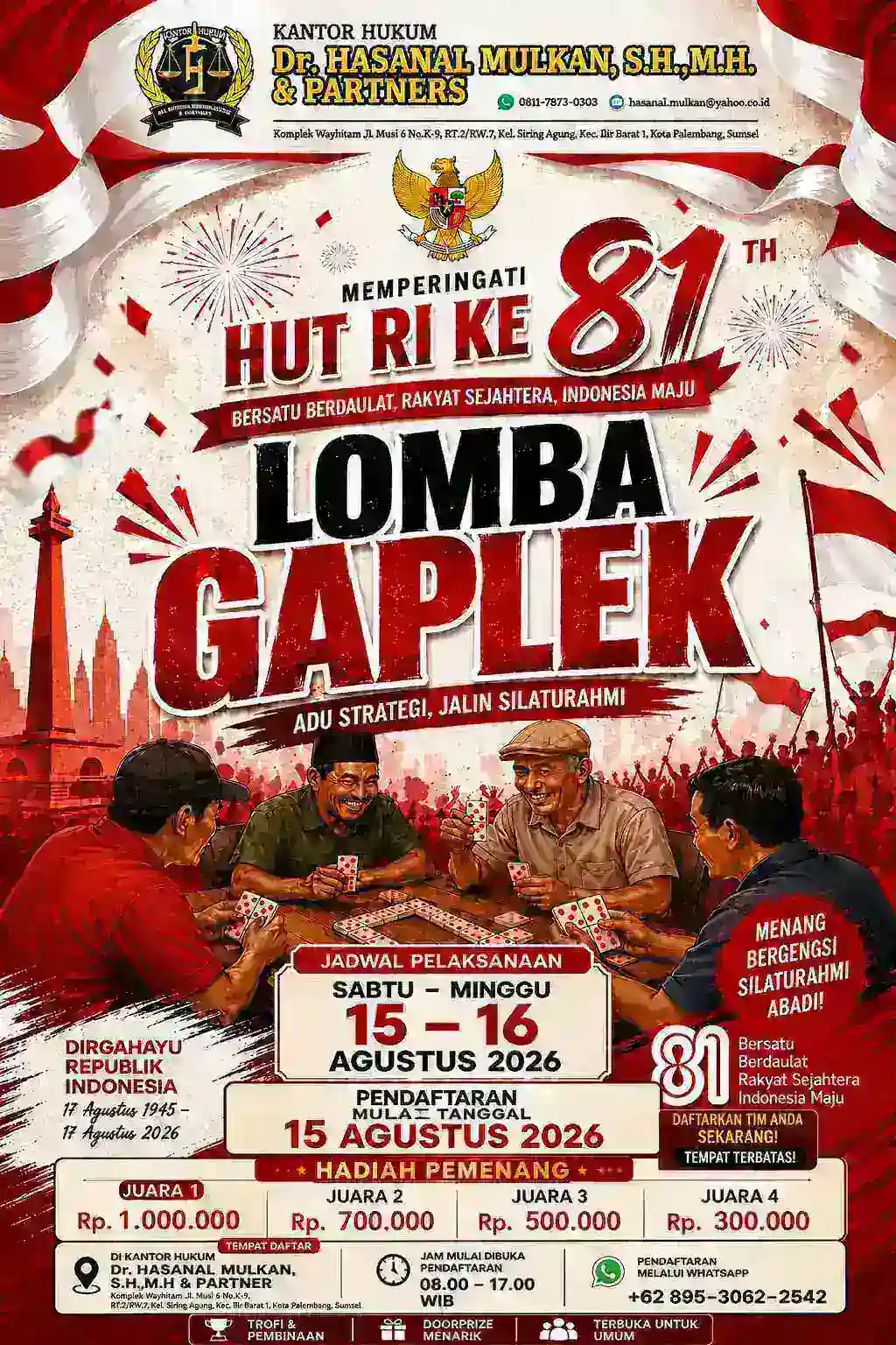Semarak HUT RI ke-81, Kantor Hukum Dr. Hasanal Mulkan, S.H., M.H. Gelar Lomba Gaplek Gratis Berhadiah Jutaan Rupiah