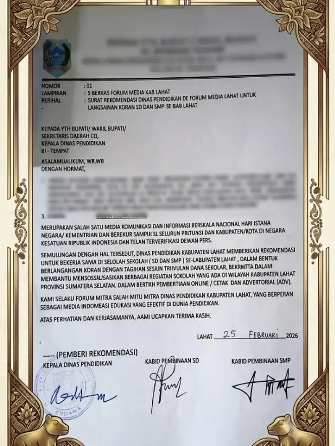 Beredar Surat Rekomendasi N.A, Publik Desak Bupati Agar segera Copot Kadis Pendidikan Lahat
