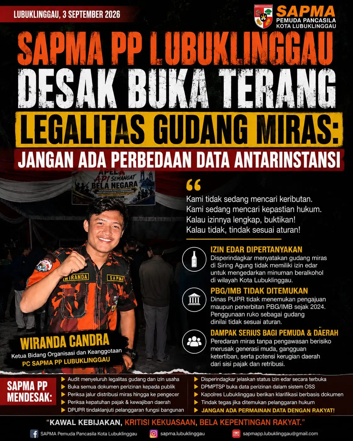 Satuan Siswa, Pelajar dan Mahasiswa Pemuda Pancasila (SAPMA PP) Kota Lubuklinggau Angkat Bicara Polemik Gudang Miras Harus di Usut Tuntas