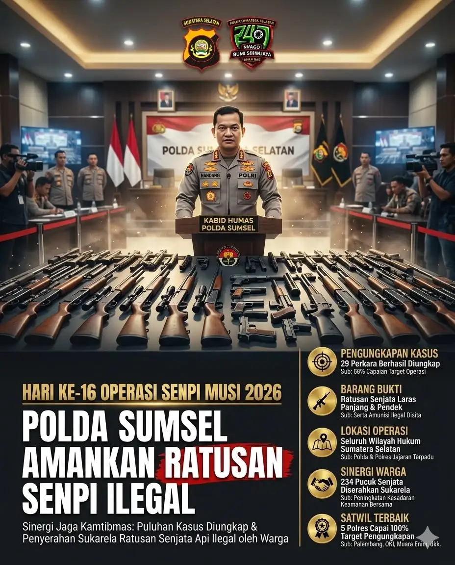 Polda Sumsel Ungkap 29 Kasus hingga Hari ke-16 Operasi Senpi Musi 2026, Ratusan Senpi Ilegal Diamankan